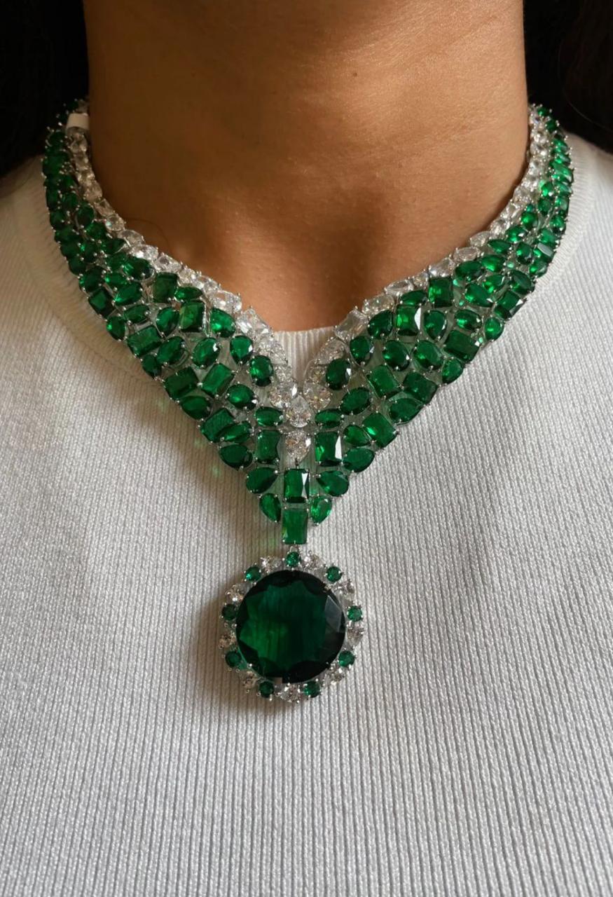 Bridal Wedding Silver Plated CZ AD Beaded Choker Earring Indian Jewelry Set