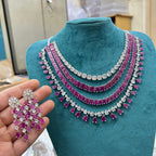 Indian Multi Layered Silver Tone AD CZ Necklace Earring Set For Wedding