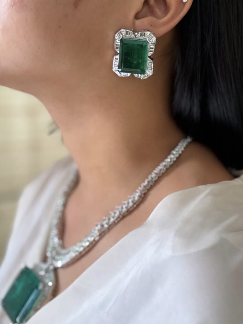 Priyanka Chopra Inspired Polki Silver Plated Necklace Earring Set For Wedding