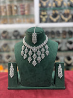 Bridal Americam Diamond Flower Design Choker Earring Maangtikka Set - CZ Indian Floral Choker Set