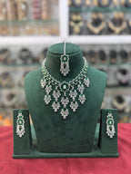 Bridal Americam Diamond Flower Design Choker Earring Maangtikka Set - CZ Indian Floral Choker Set