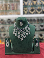 Bridal Americam Diamond Flower Design Choker Earring Maangtikka Set - CZ Indian Floral Choker Set