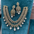 Gold Plated Double Layer AD Choker Earrings Set For Wedding - Kundan Necklace Set Indian Jewelry