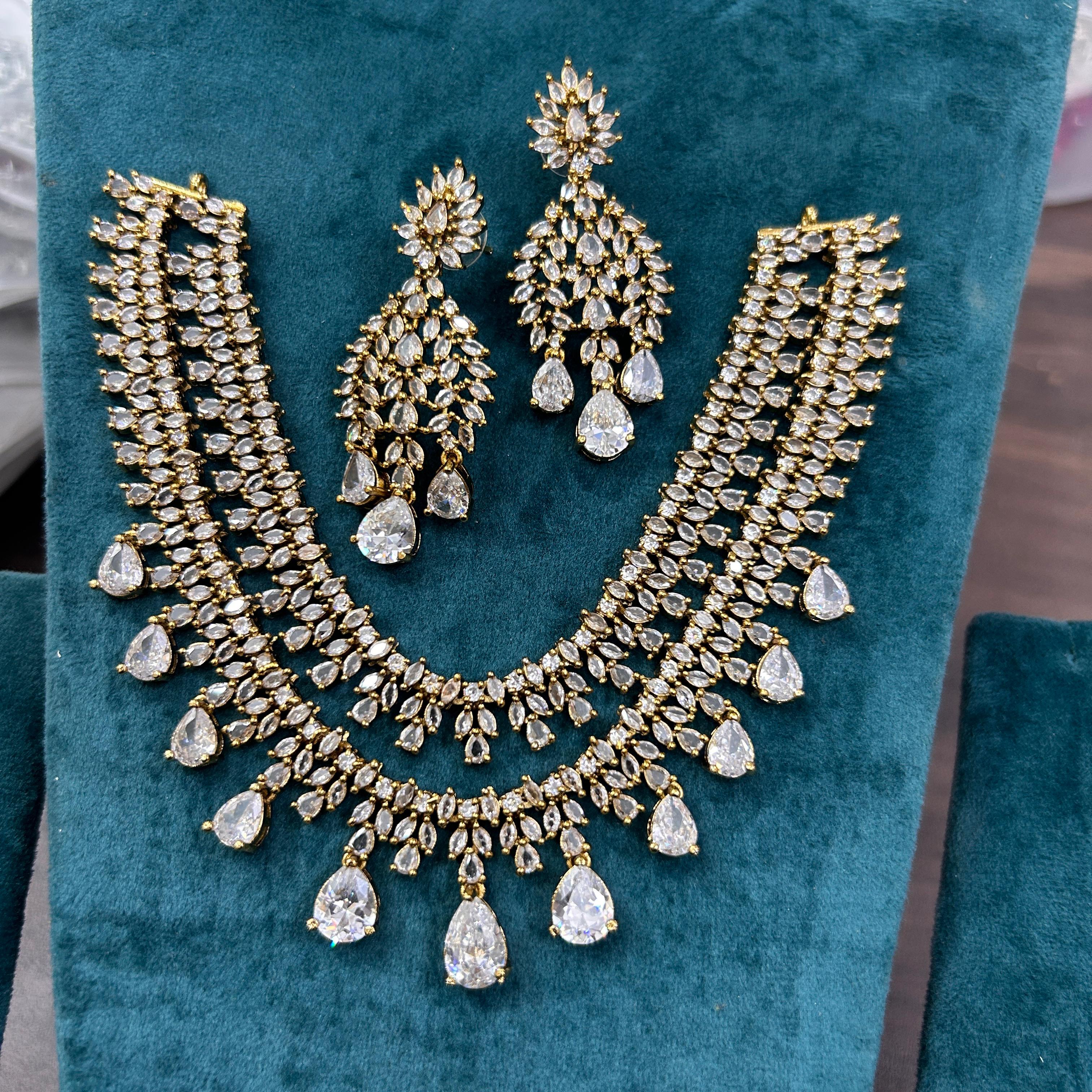Gold Plated Double Layer AD Choker Earrings Set For Wedding - Kundan Necklace Set Indian Jewelry