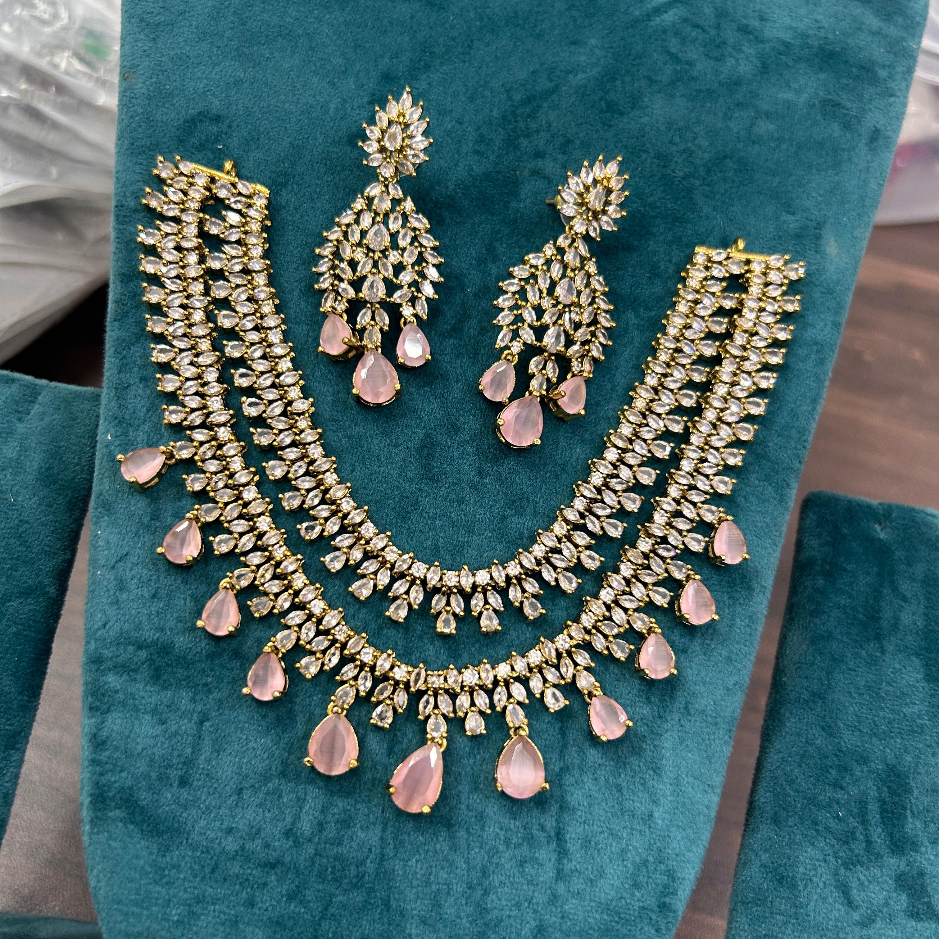 Gold Plated Double Layer AD Choker Earrings Set For Wedding - Kundan Necklace Set Indian Jewelry