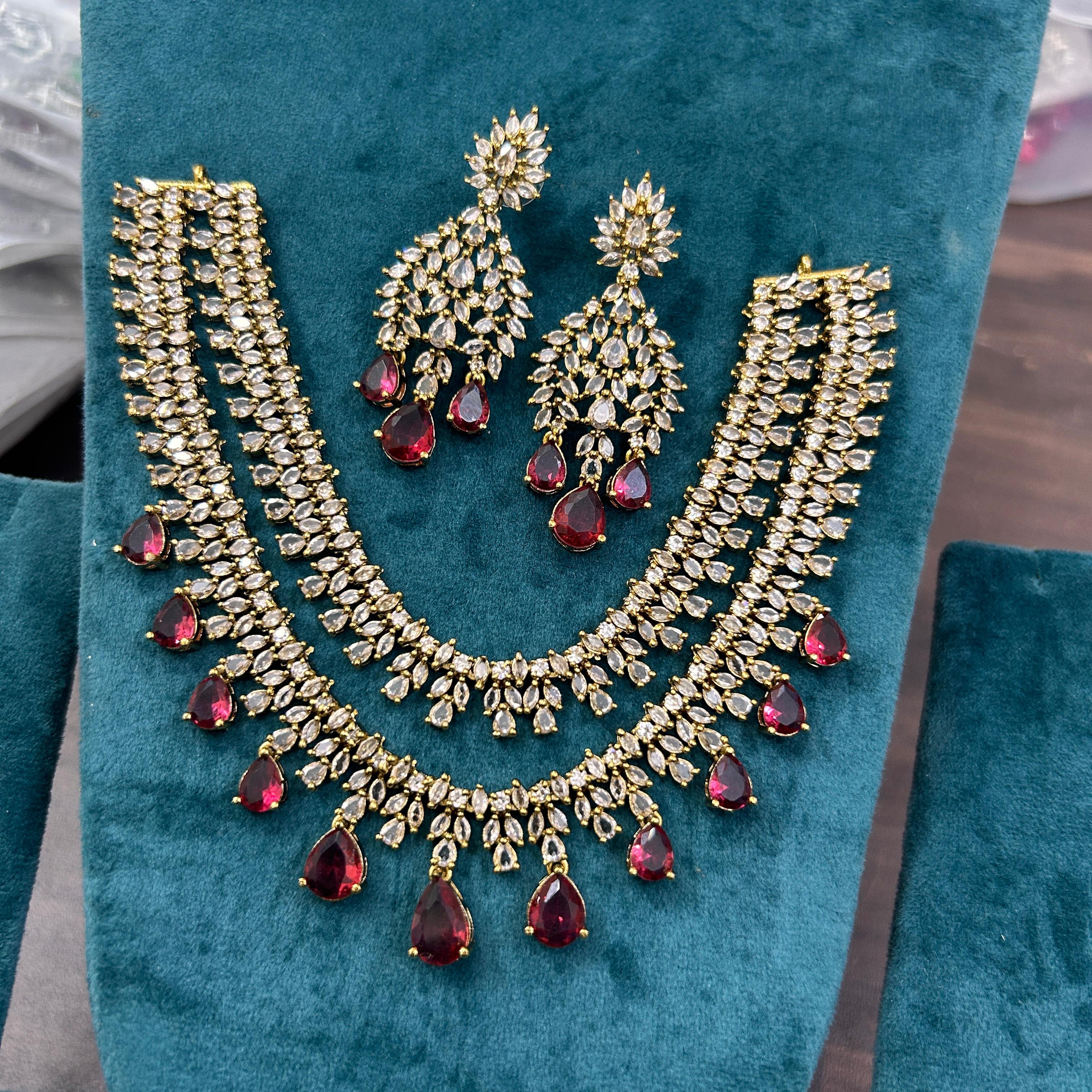 Gold Plated Double Layer AD Choker Earrings Set For Wedding - Kundan Necklace Set Indian Jewelry