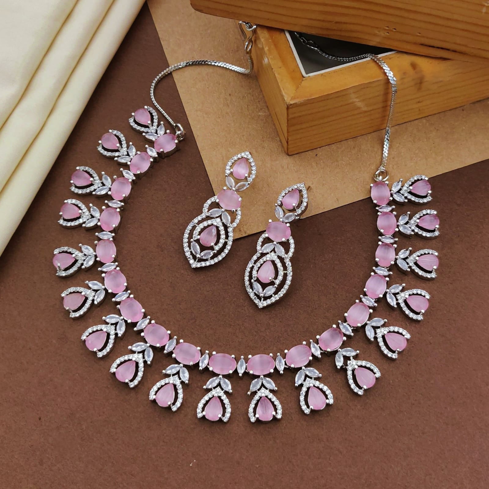 Floral Design American Diamond Choker Earrings Set For Wedding - CZ Choker Indian Jewelry