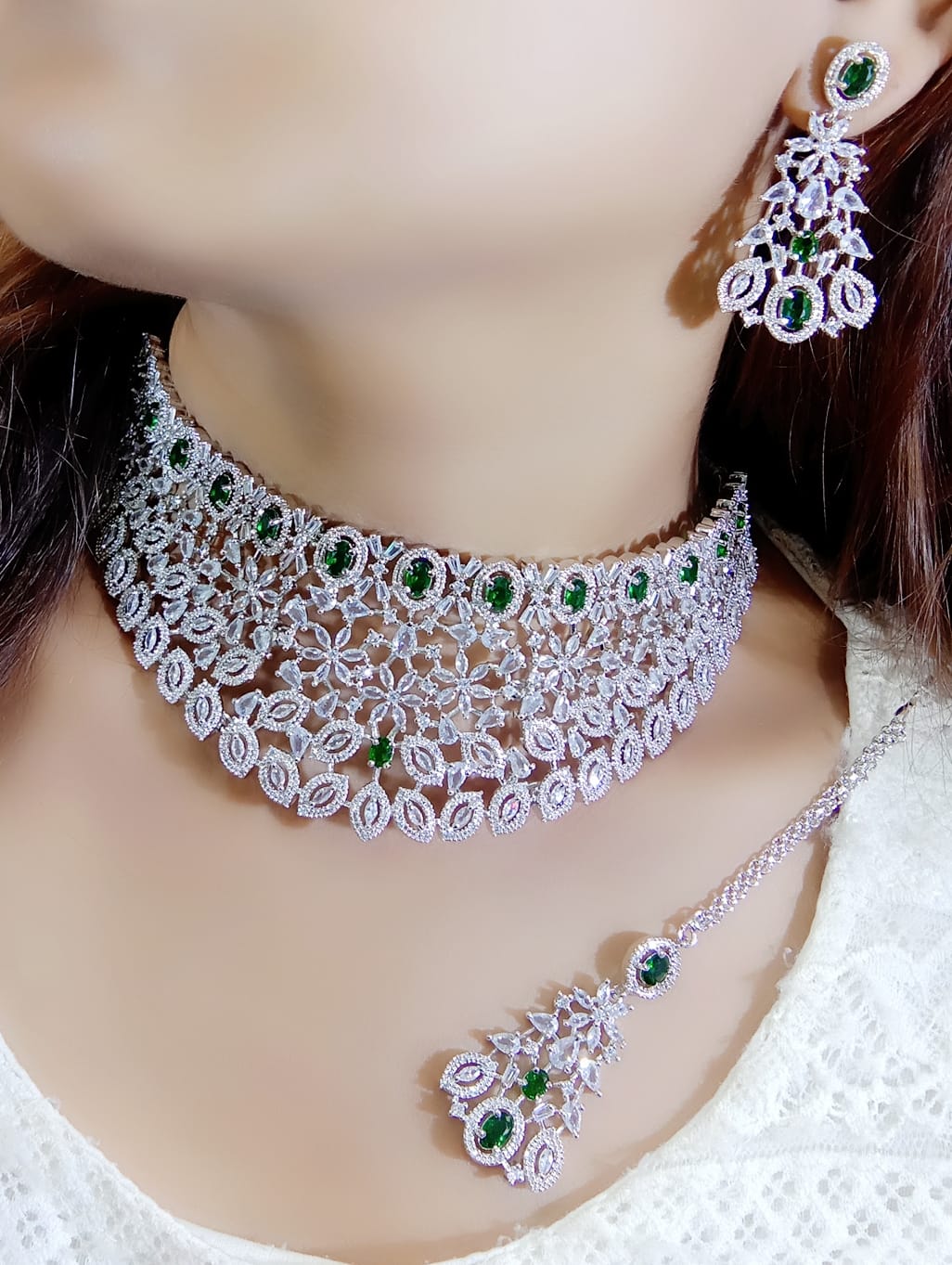 Flower Design AD Silver Plated Choker Earring Mangtika Set - Silver Plated CZ Indian Jewelry Set