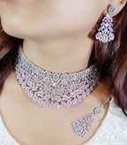 Flower Design AD Silver Plated Choker Earring Mangtika Set - Silver Plated CZ Indian Jewelry Set