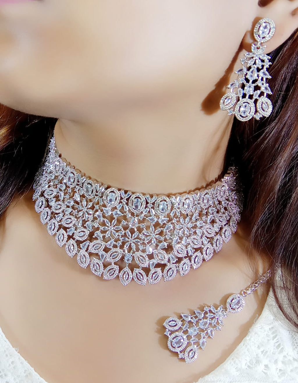 Flower Design AD Silver Plated Choker Earring Mangtika Set - Silver Plated CZ Indian Jewelry Set