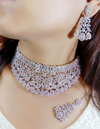 Flower Design AD Silver Plated Choker Earring Mangtika Set - Silver Plated CZ Indian Jewelry Set