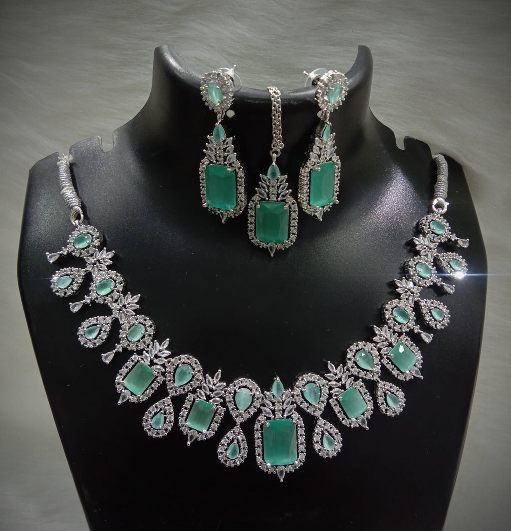 Square Shaped American Diamond Necklace Earrings Mangtikka Set For Wedding - AD Indian Jewelry Set