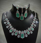 Square Shaped American Diamond Necklace Earrings Mangtikka Set For Wedding - AD Indian Jewelry Set