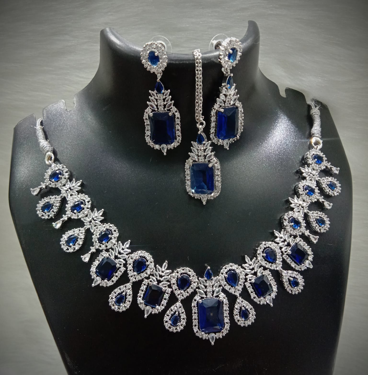 Square Shaped American Diamond Necklace Earrings Mangtikka Set For Wedding - AD Indian Jewelry Set