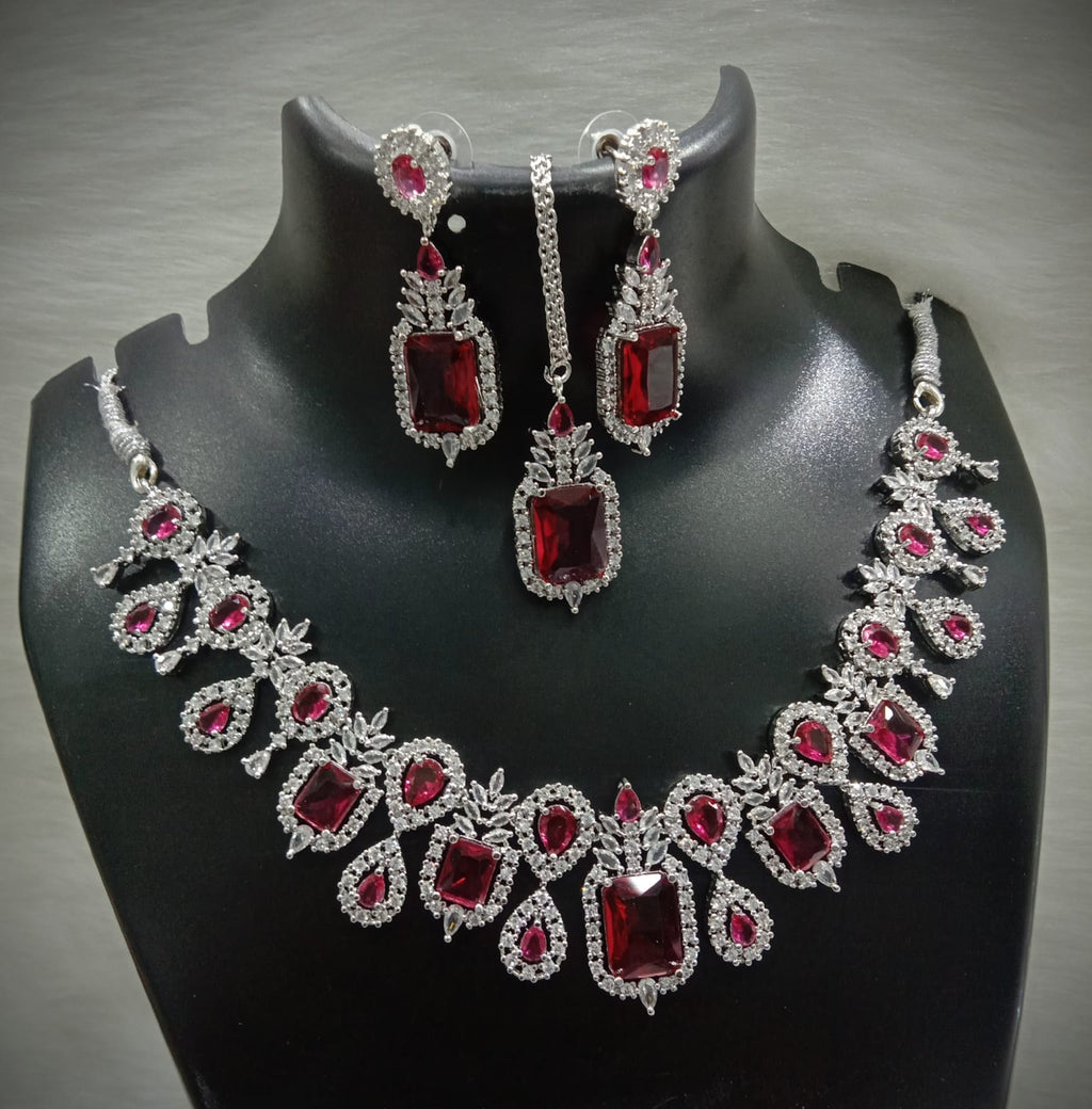 Square Shaped American Diamond Necklace Earrings Mangtikka Set For Wedding - AD Indian Jewelry Set