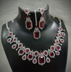 Square Shaped American Diamond Necklace Earrings Mangtikka Set For Wedding - AD Indian Jewelry Set