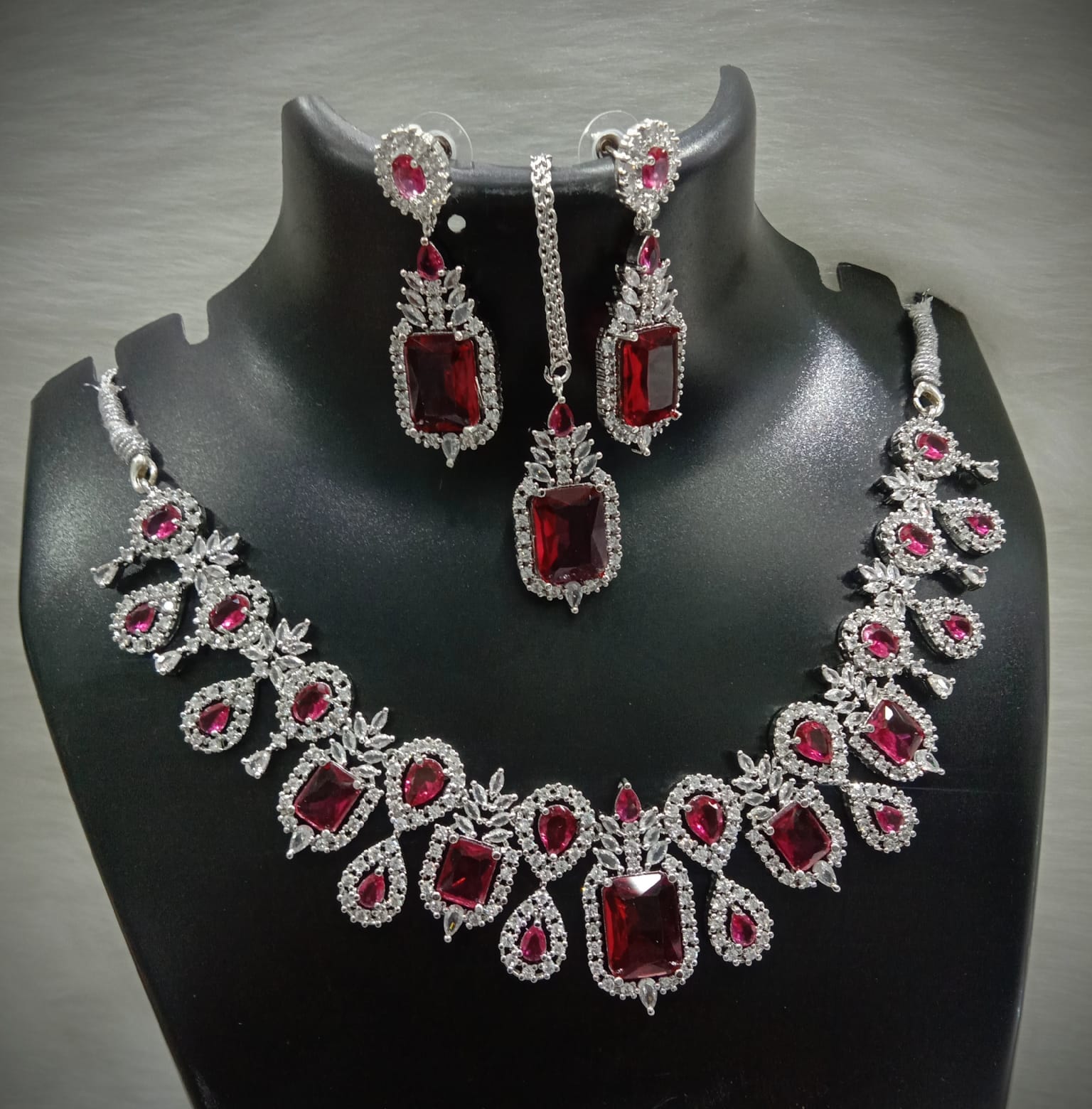Square Shaped American Diamond Necklace Earrings Mangtikka Set For Wedding - AD Indian Jewelry Set