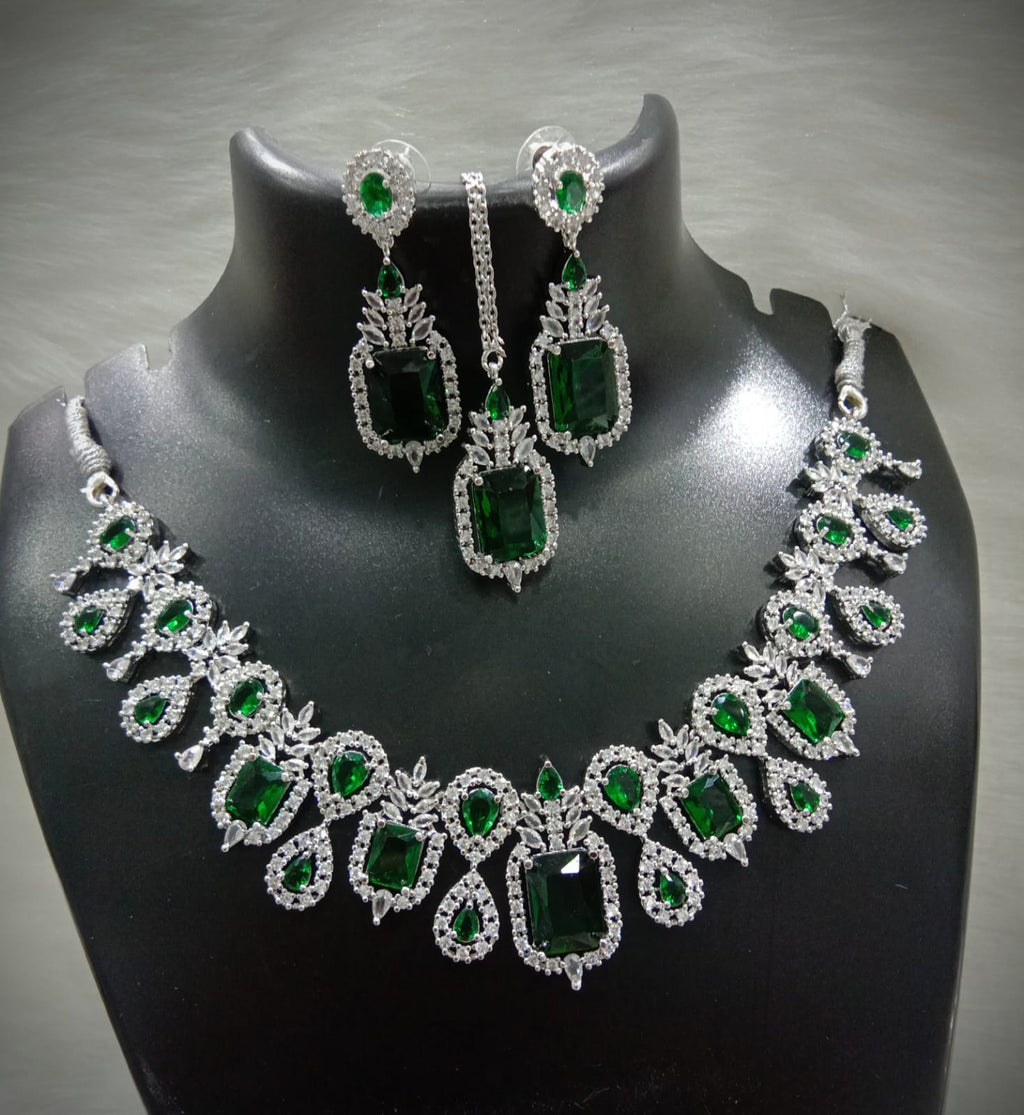 Square Shaped American Diamond Necklace Earrings Mangtikka Set For Wedding - AD Indian Jewelry Set