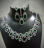 Square Shaped American Diamond Necklace Earrings Mangtikka Set For Wedding - AD Indian Jewelry Set