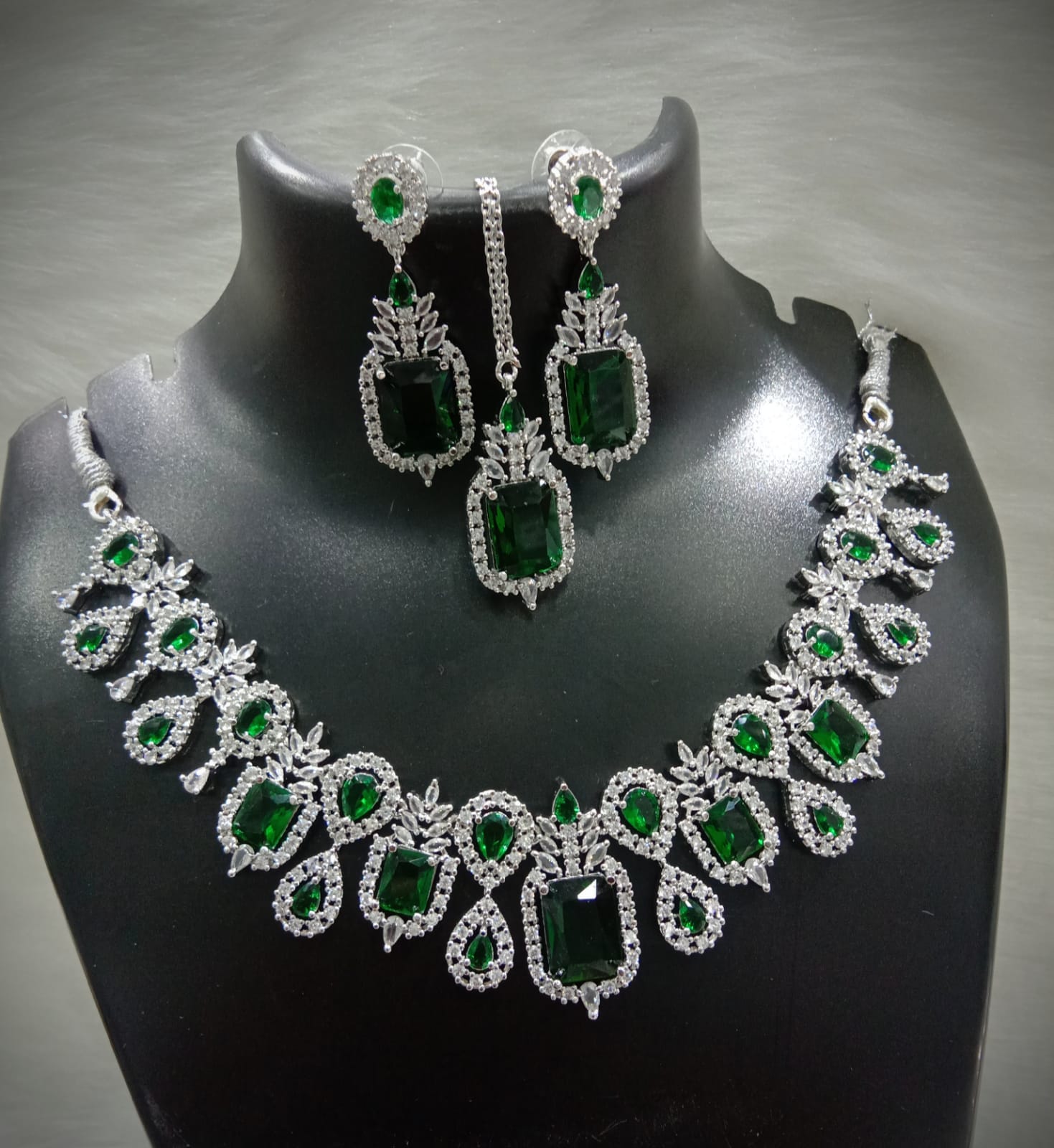 Square Shaped American Diamond Necklace Earrings Mangtikka Set For Wedding - AD Indian Jewelry Set