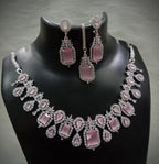 Square Shaped American Diamond Necklace Earrings Mangtikka Set For Wedding - AD Indian Jewelry Set