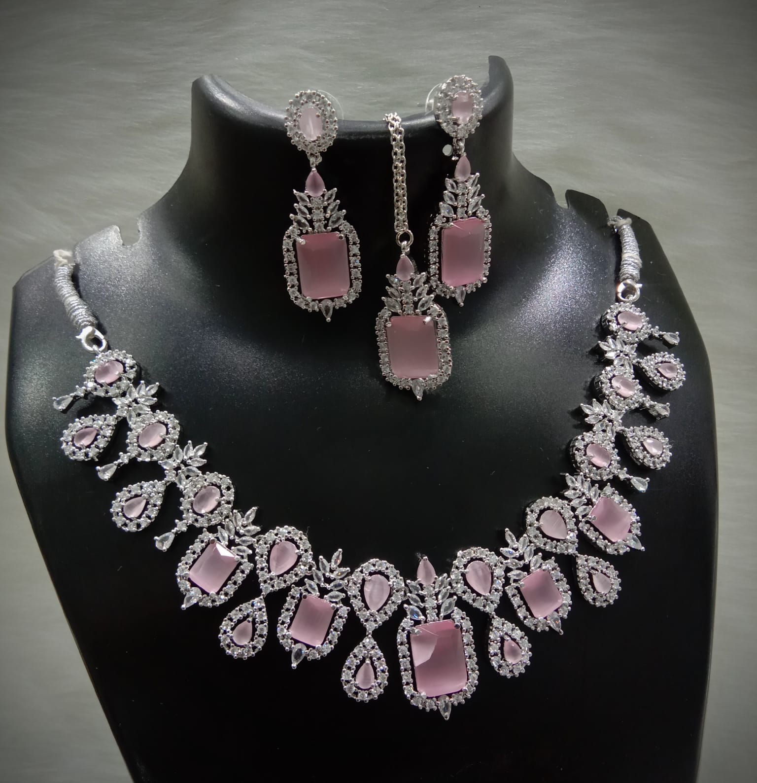Square Shaped American Diamond Necklace Earrings Mangtikka Set For Wedding - AD Indian Jewelry Set