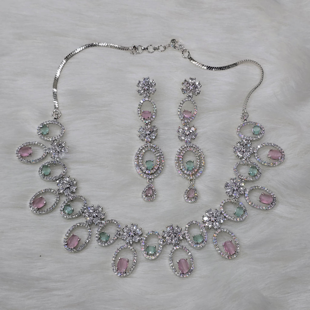 Pakistani Silver Finish CZ Choker Earrings Set For Wedding