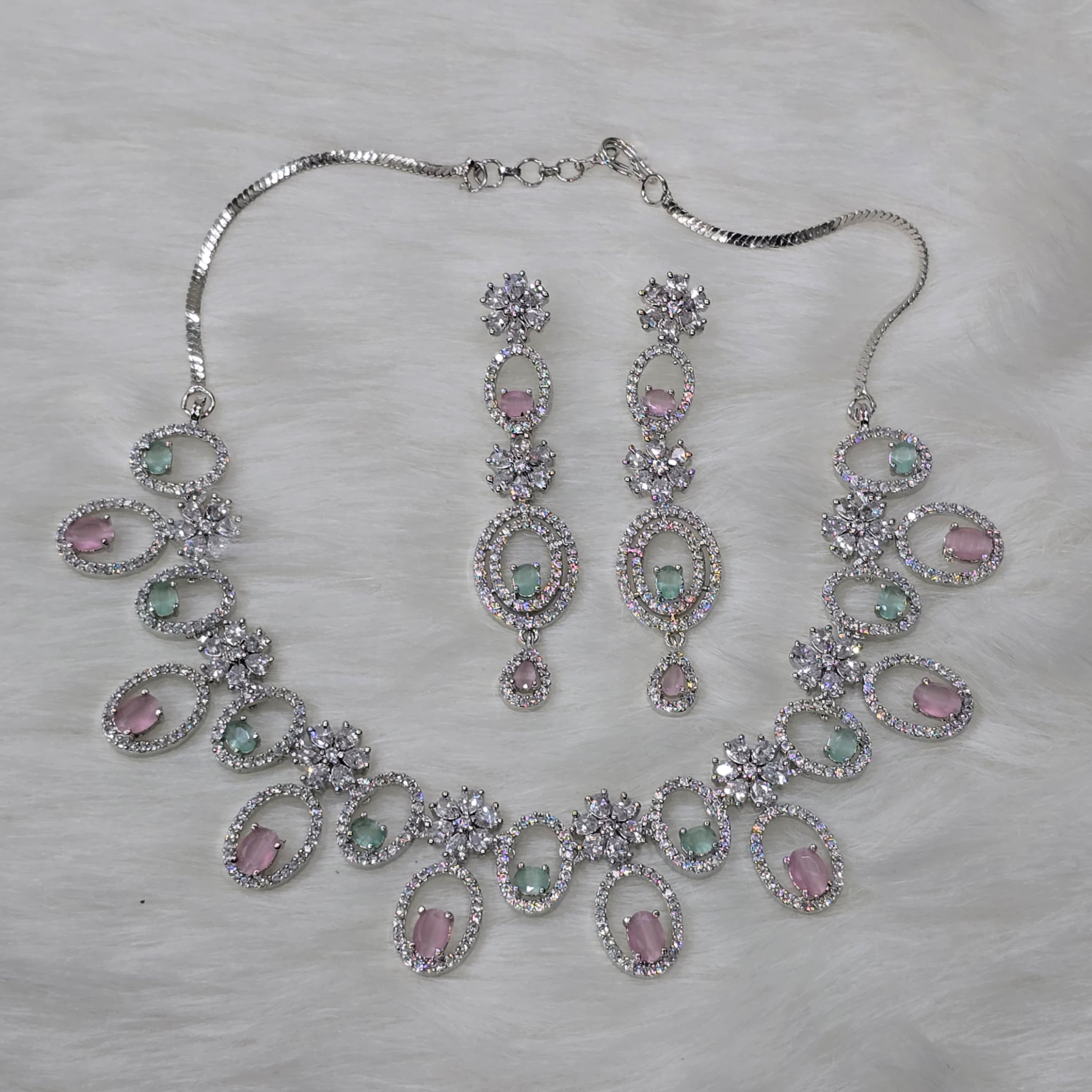 Pakistani Silver Finish CZ Choker Earrings Set For Wedding