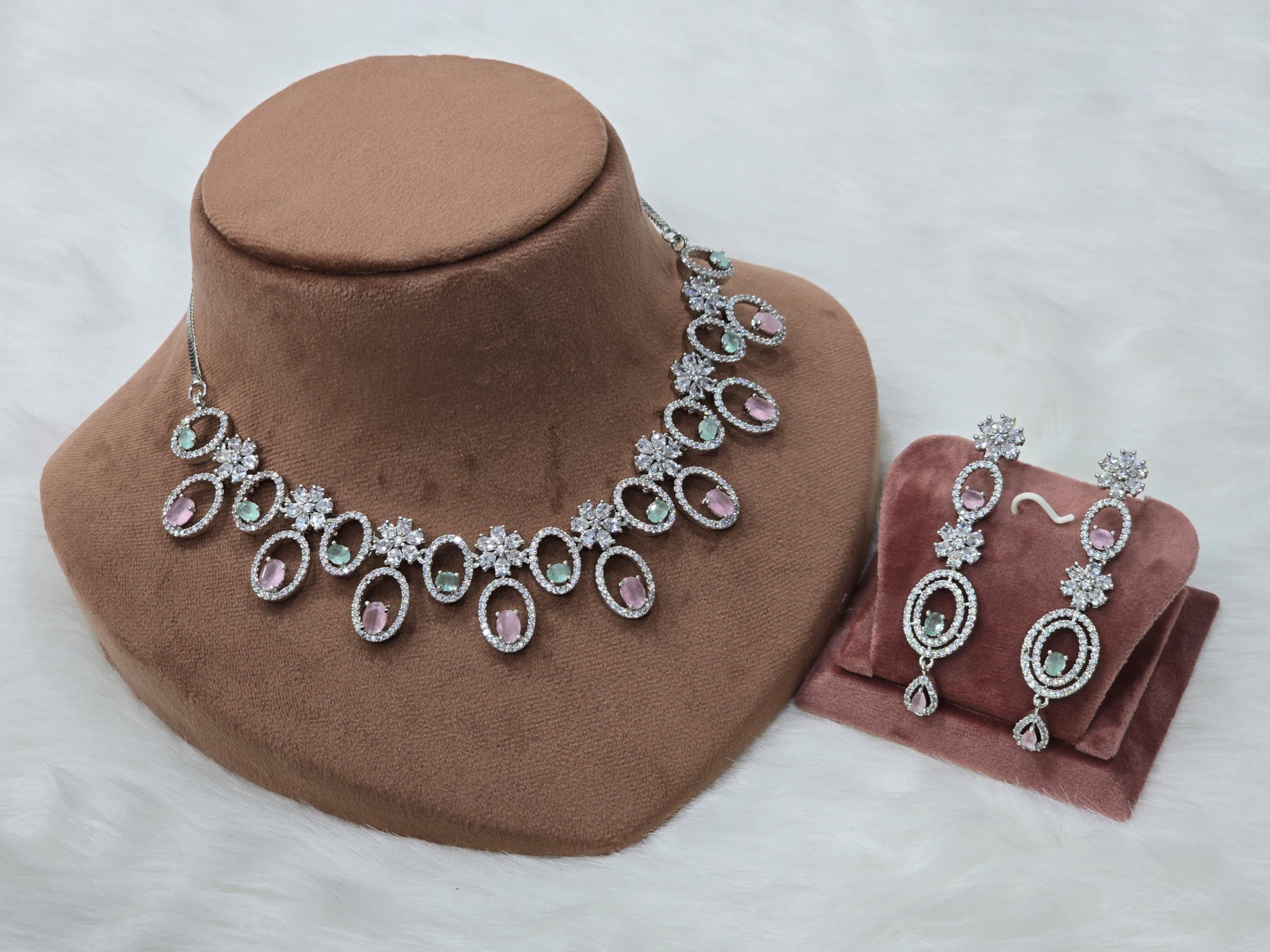 Pakistani Silver Finish CZ Choker Earrings Set For Wedding