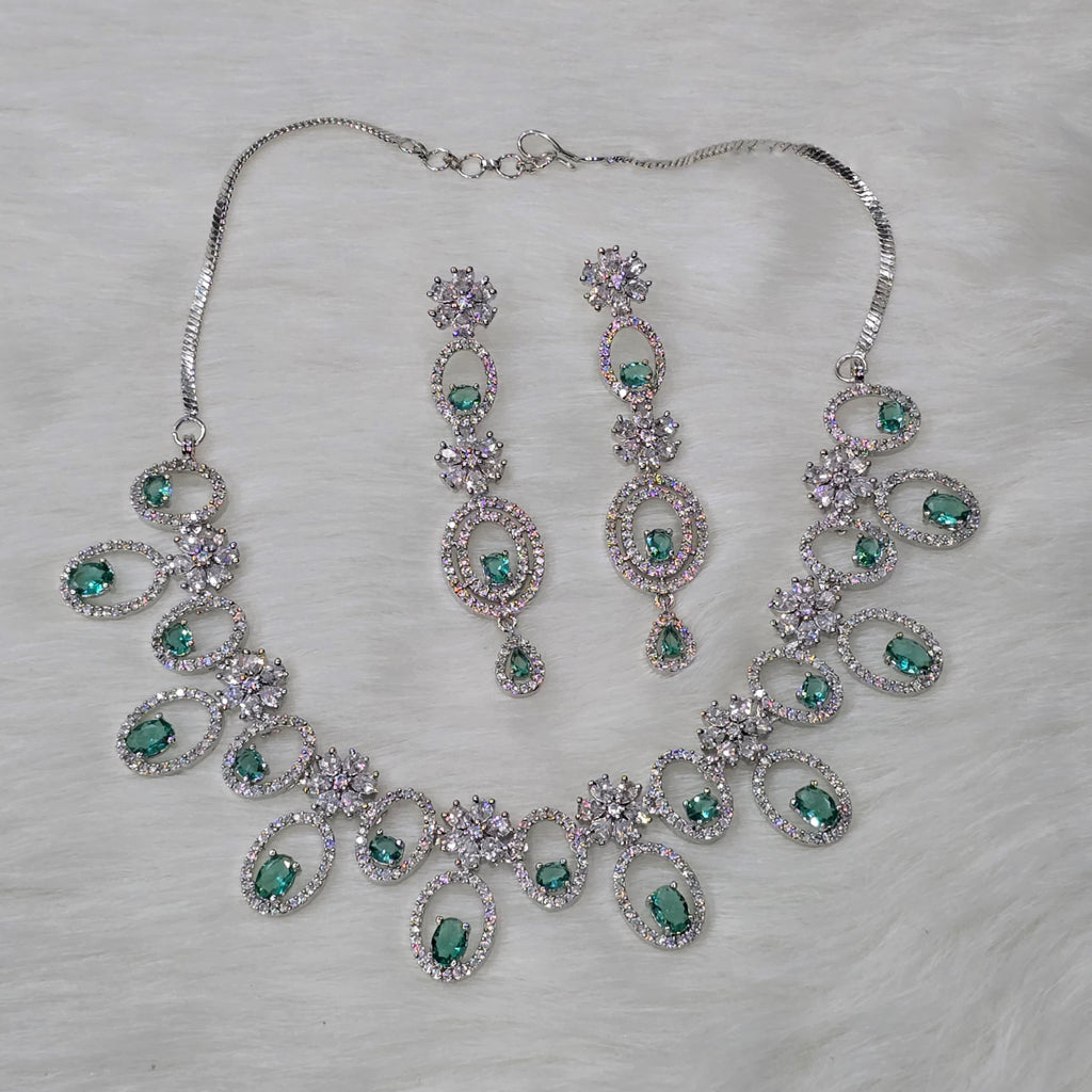 Pakistani Silver Finish CZ Choker Earrings Set For Wedding