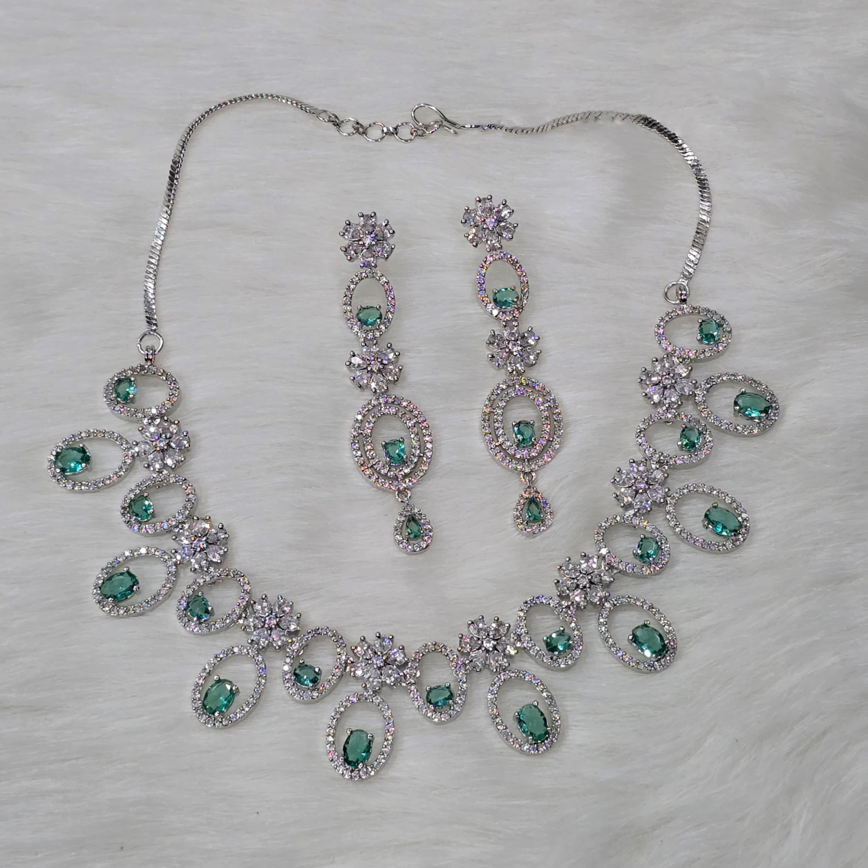 Pakistani Silver Finish CZ Choker Earrings Set For Wedding