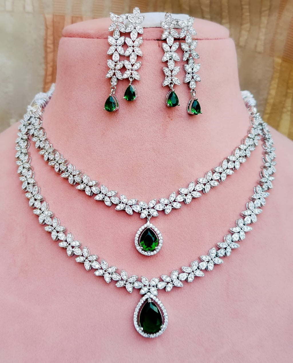 Indian Double Layered Silver Finish AD Choker Earrings Set