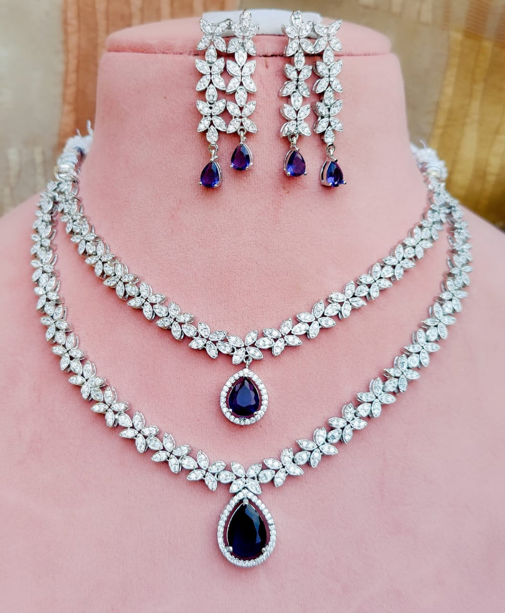 Indian Double Layered Silver Finish AD Choker Earrings Set