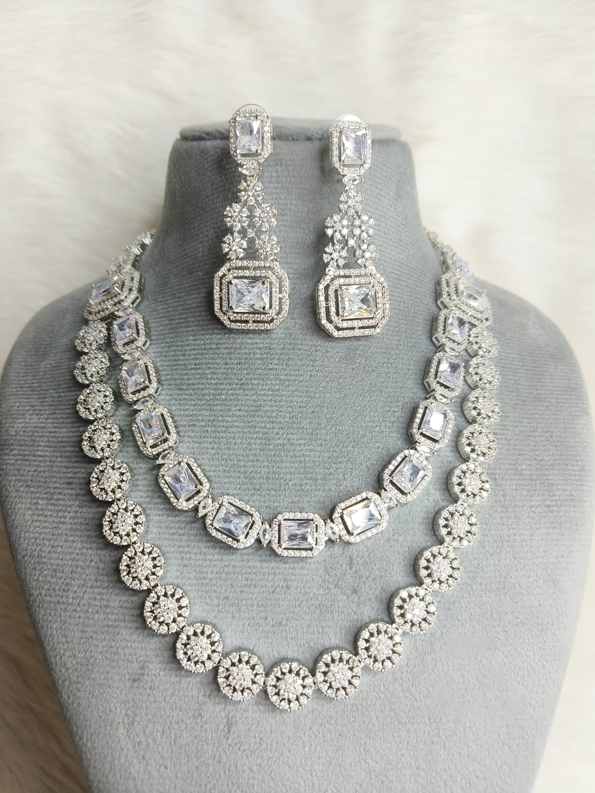 Wedding Double Layered AD Floral Design Necklace Earrings Indian Jewelry