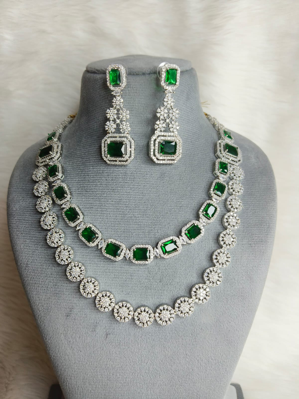 Wedding Double Layered AD Floral Design Necklace Earrings Indian Jewelry