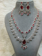 Pakistani Layered Silver Toned CZ Flower Design Statement Necklace Earrings Set For Wedding