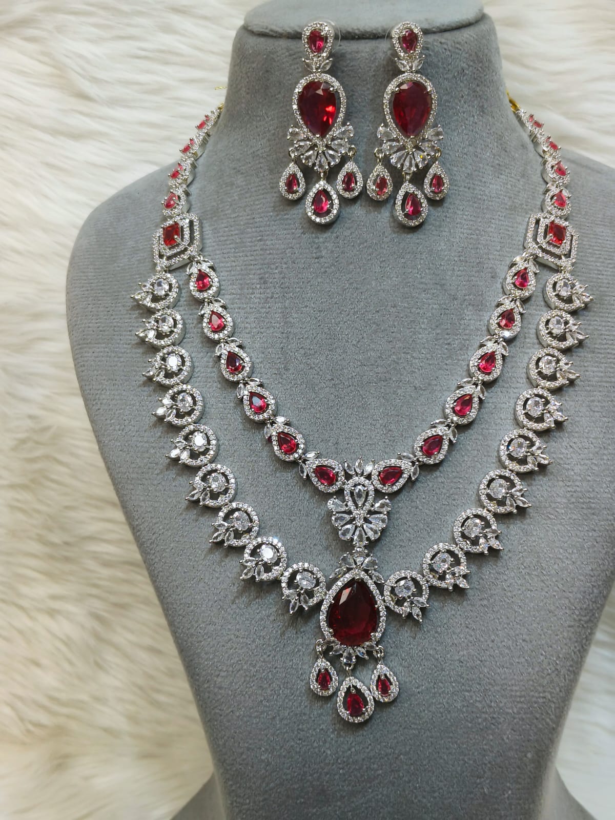 Pakistani Layered Silver Toned CZ Flower Design Statement Necklace Earrings Set For Wedding