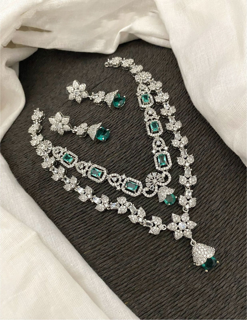 Pakistani Double Layered Floral AD Necklace Earring Set For Wedding