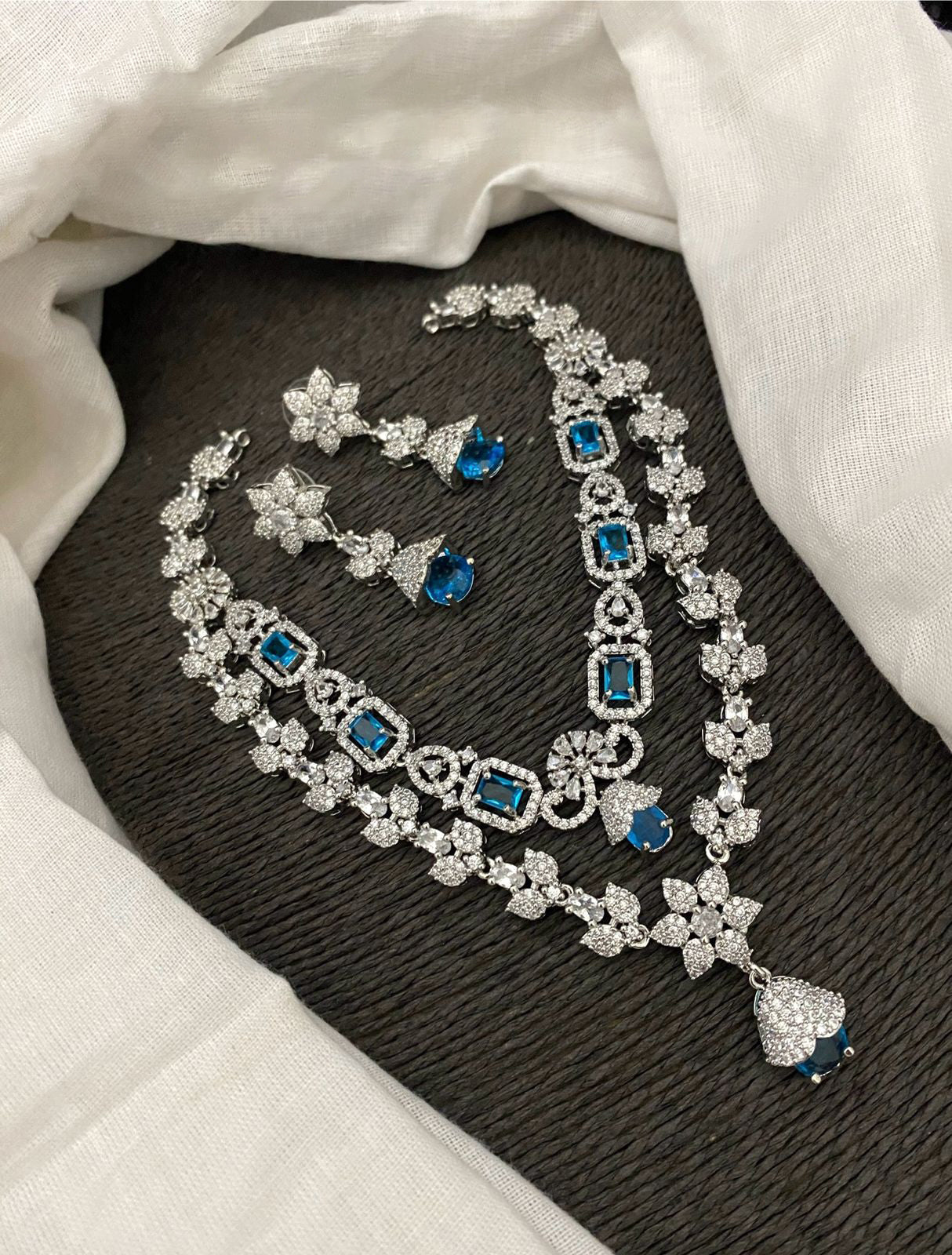 Pakistani Double Layered Floral AD Necklace Earring Set For Wedding