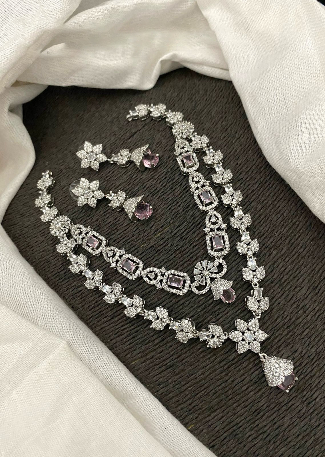 Pakistani Double Layered Floral AD Necklace Earring Set For Wedding