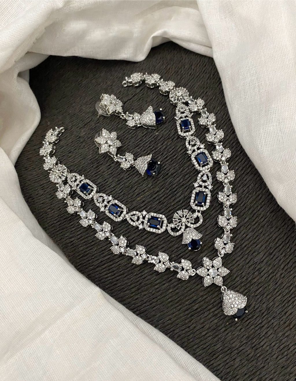 Pakistani Double Layered Floral AD Necklace Earring Set For Wedding