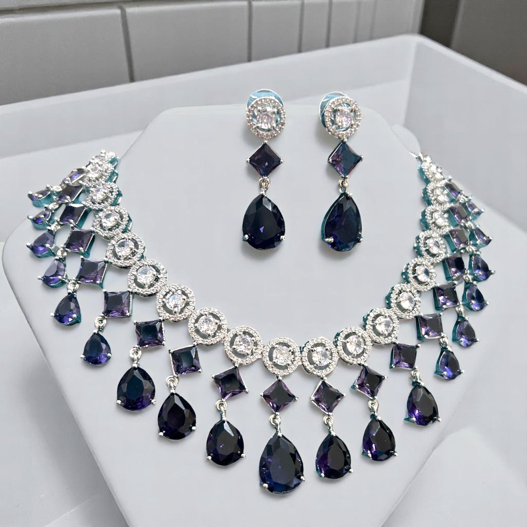 Wedding Drop Silver Finish AD Choker Earring Set For Women