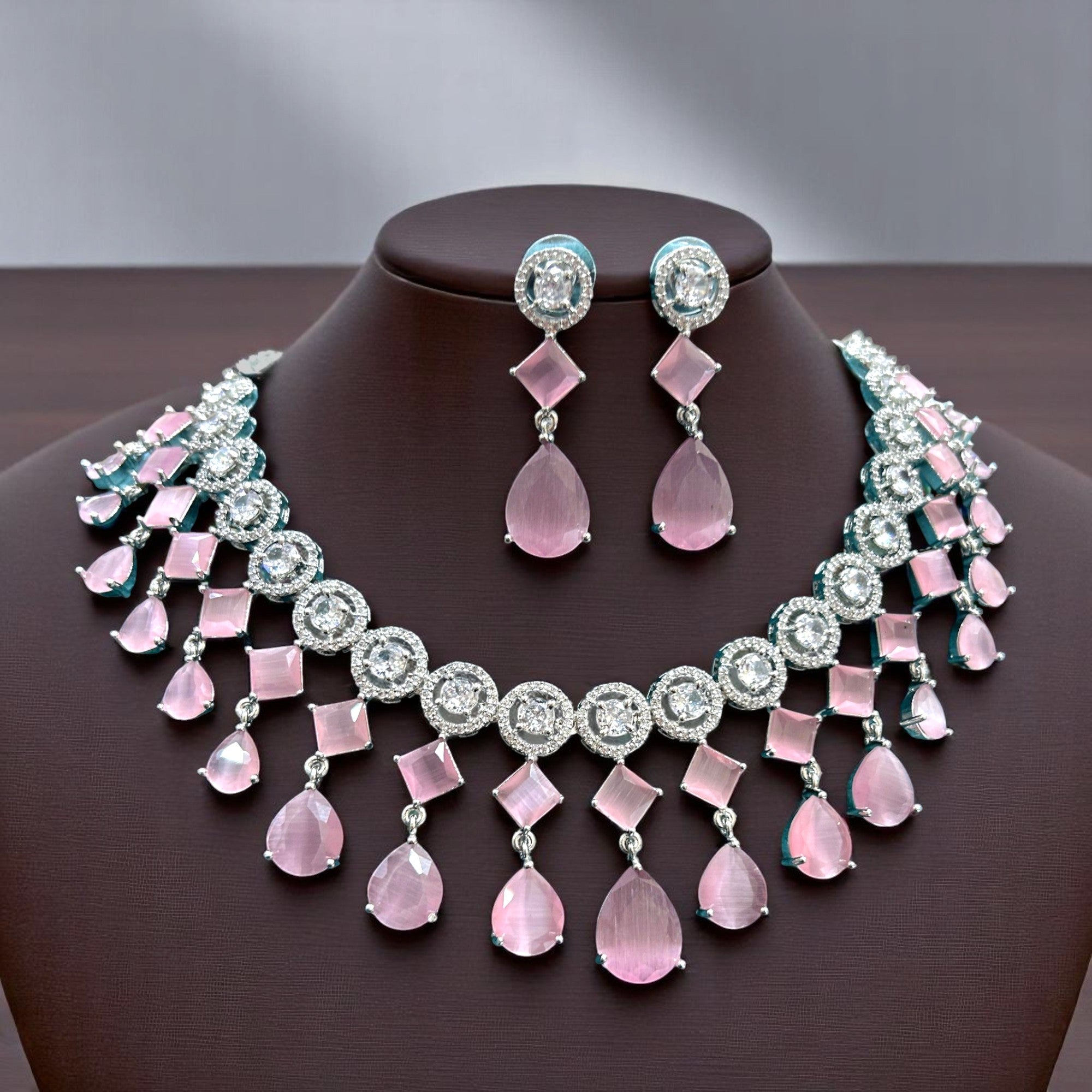 Wedding Drop Silver Finish AD Choker Earring Set For Women