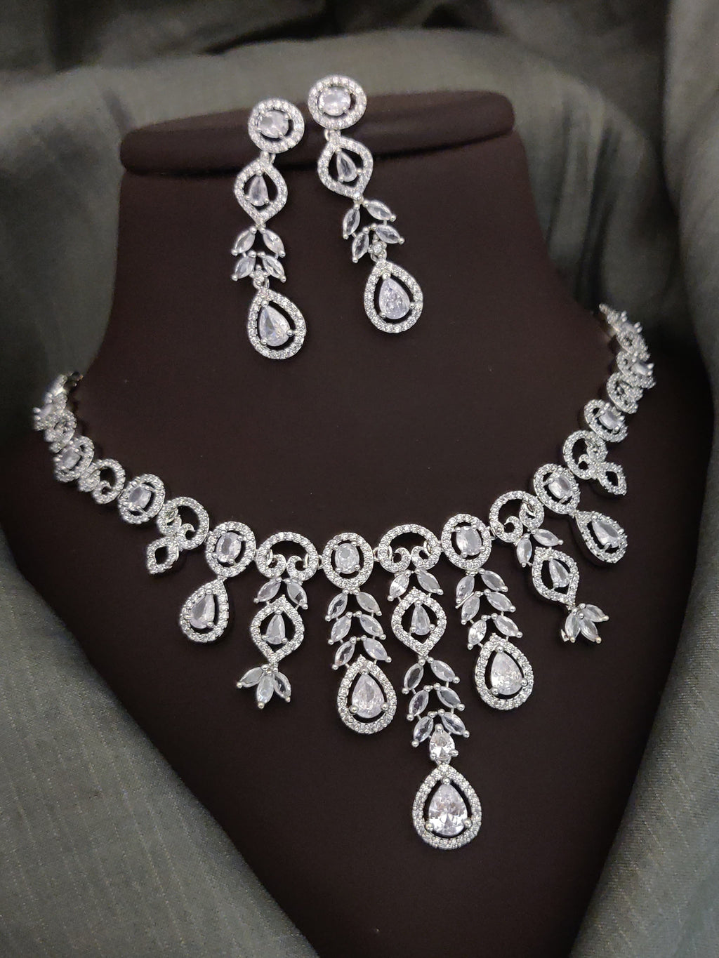 Indian Silver Plated CZ Multi Layer Necklace Earring Set For Wedding