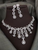 Indian Silver Plated CZ Multi Layer Necklace Earring Set For Wedding
