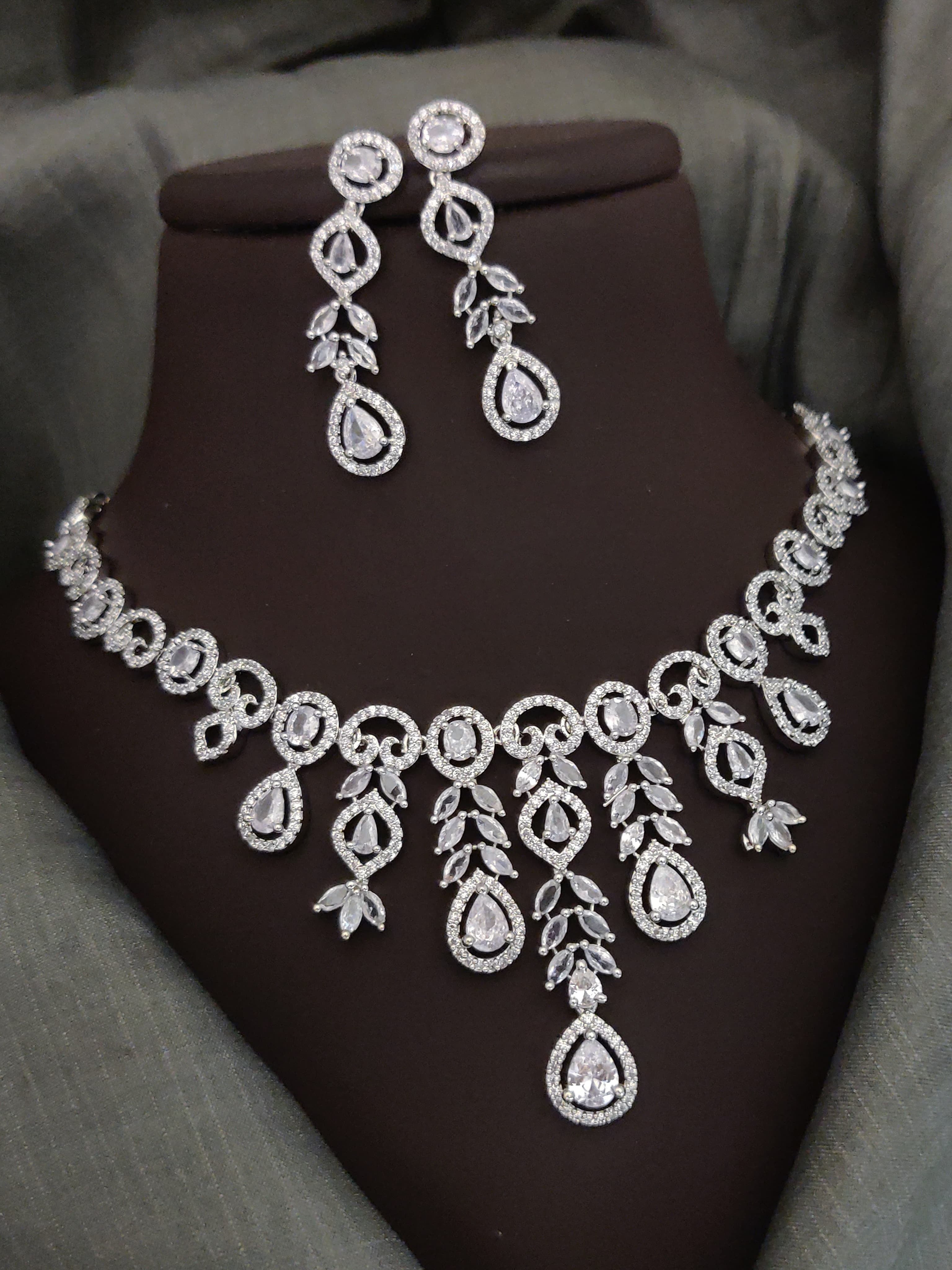 Indian Silver Plated CZ Multi Layer Necklace Earring Set For Wedding