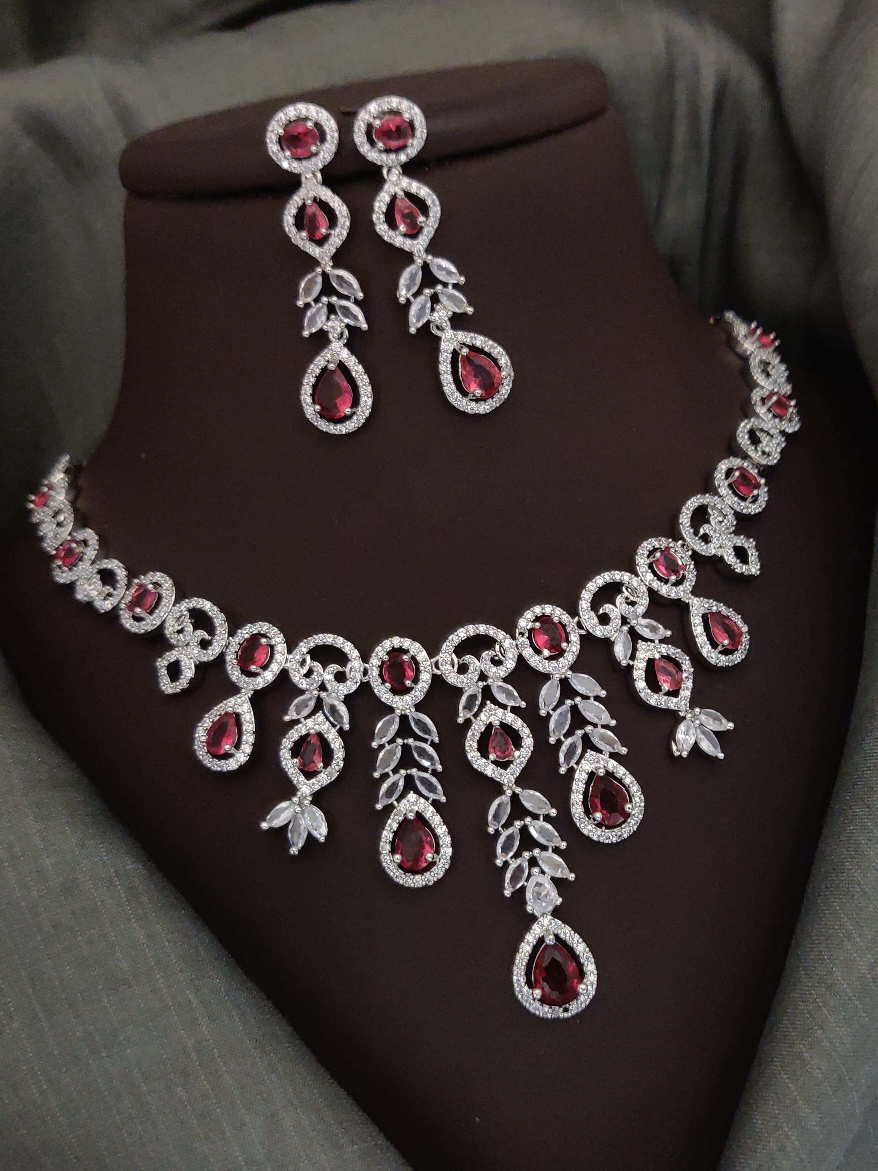 Indian Silver Plated CZ Multi Layer Necklace Earring Set For Wedding