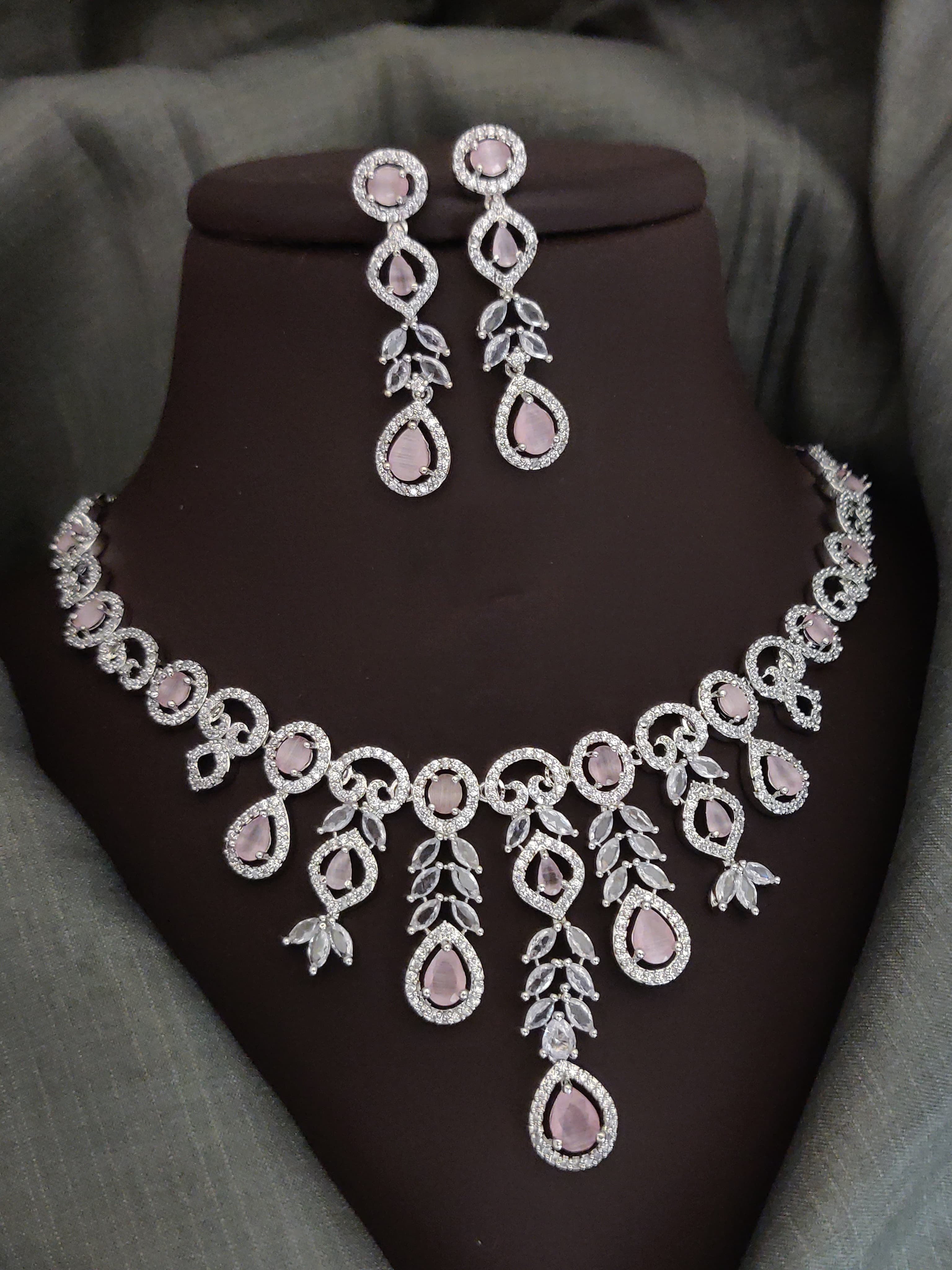 Indian Silver Plated CZ Multi Layer Necklace Earring Set For Wedding