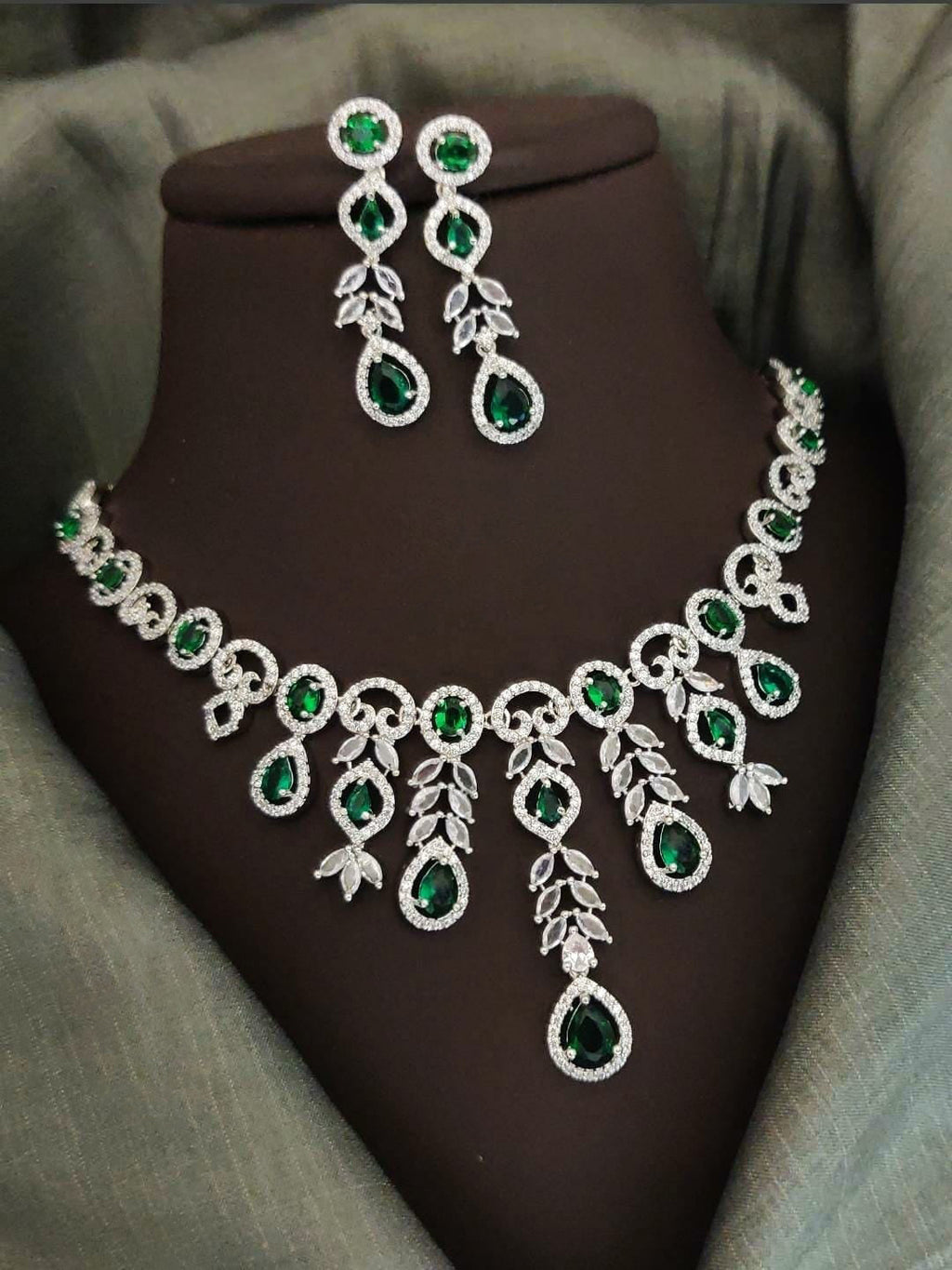 Indian Silver Plated CZ Multi Layer Necklace Earring Set For Wedding
