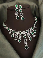Indian Silver Plated CZ Multi Layer Necklace Earring Set For Wedding